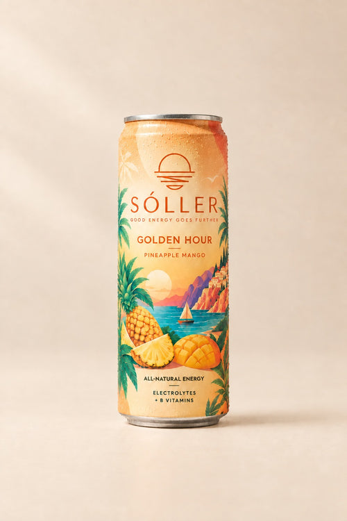 Sóller Golden Hour pineapple mango energy drink can on a warm-cream studio background