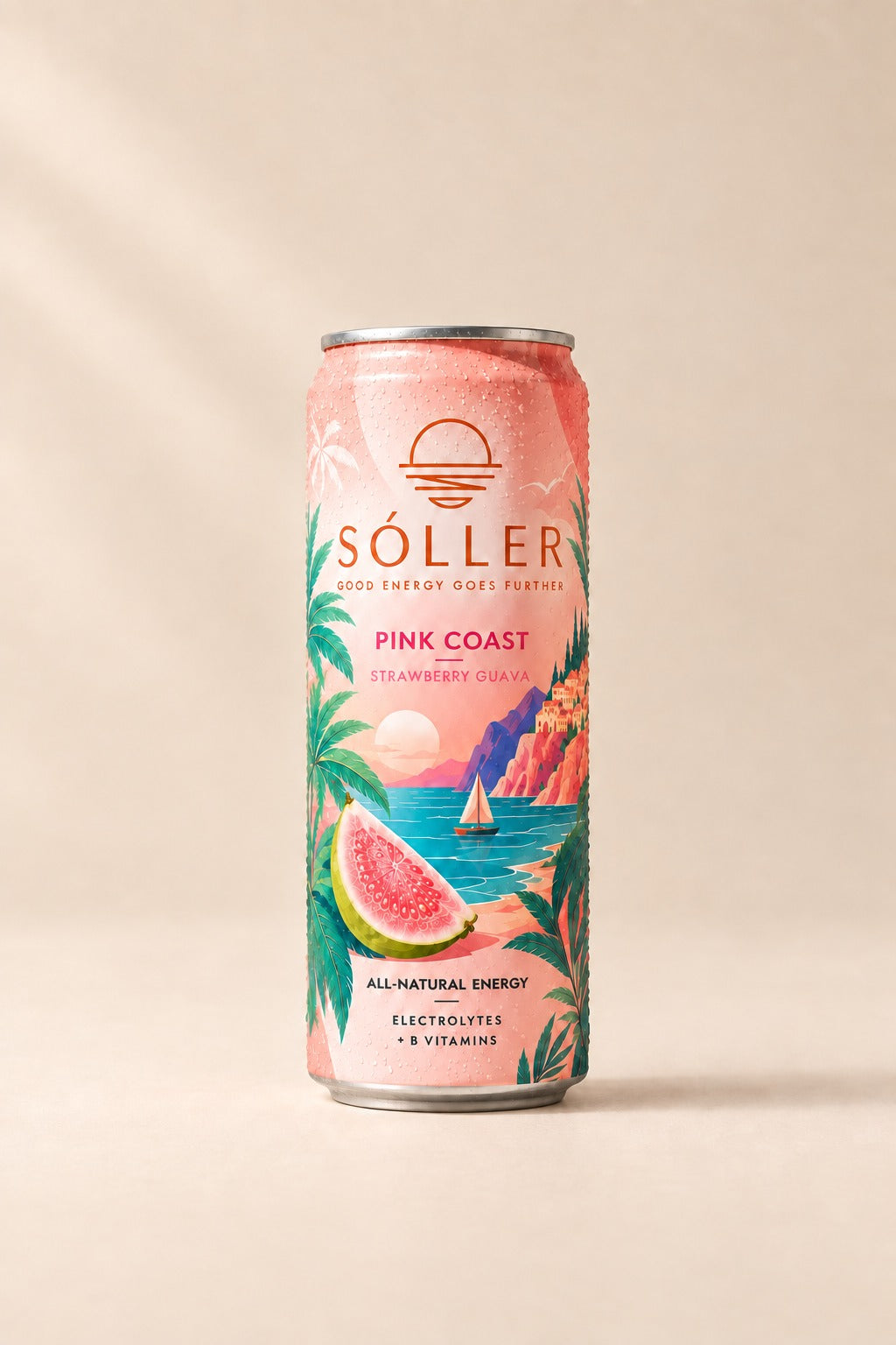 Sóller Pink Coast strawberry guava energy drink can on a warm-cream studio background